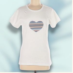 100% Cotton White Tee with Heart Print Graphic, Size M